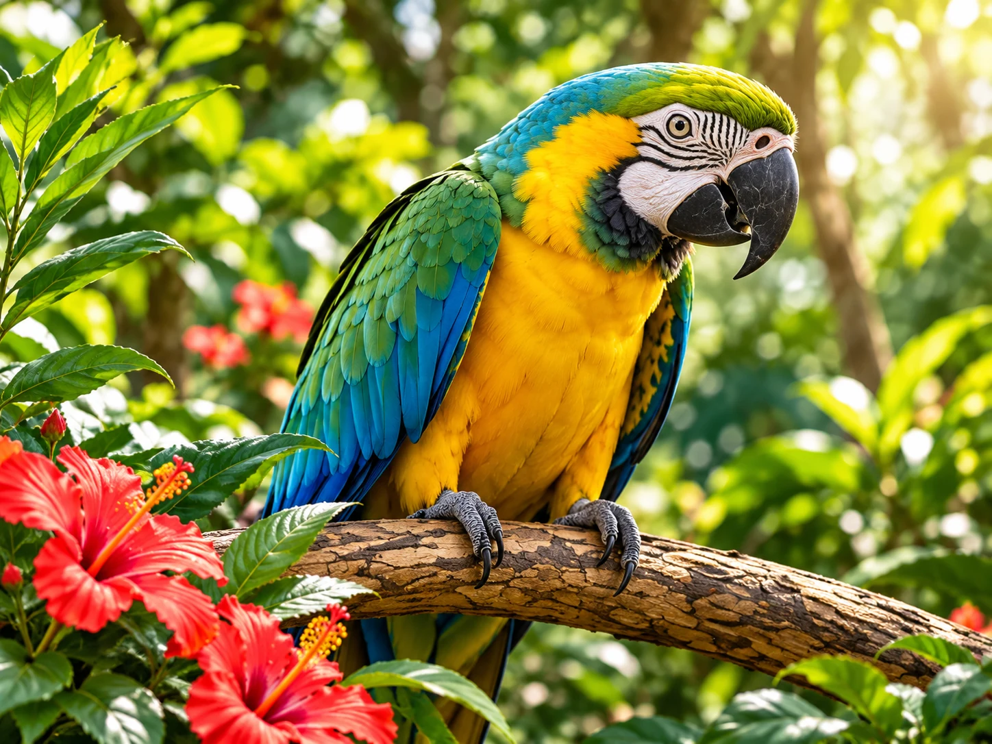 Blue-and-yellow macaw perched among tropical foliage